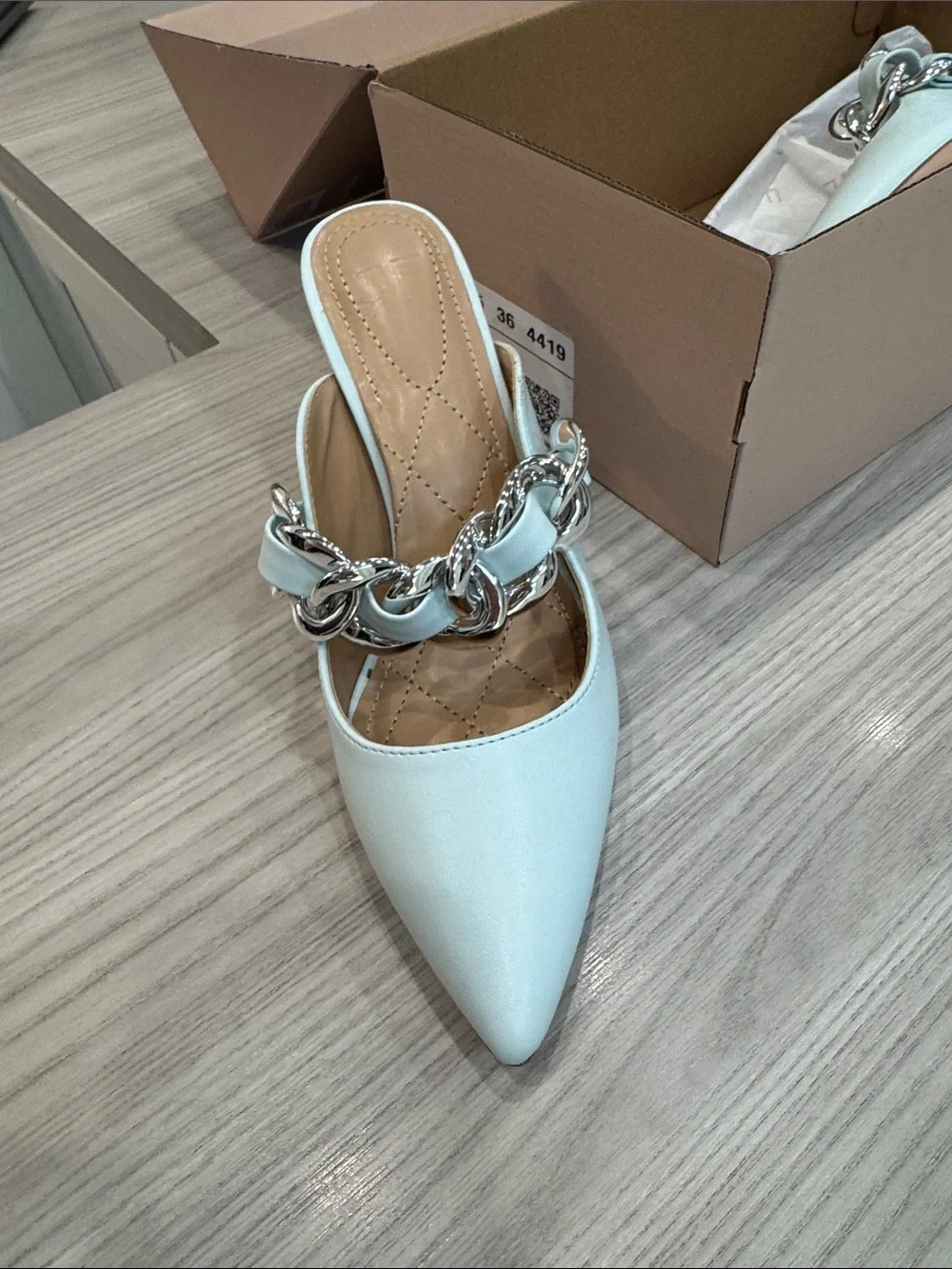 Elegant Light Blue Pointed Toe Heels with Chain Accent